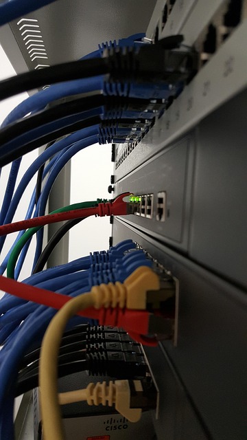 Technician setting up LAN/WAN network cables